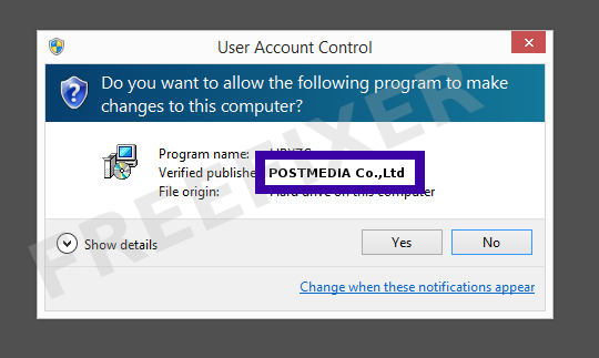 Screenshot where POSTMEDIA Co.,Ltd appears as the verified publisher in the UAC dialog